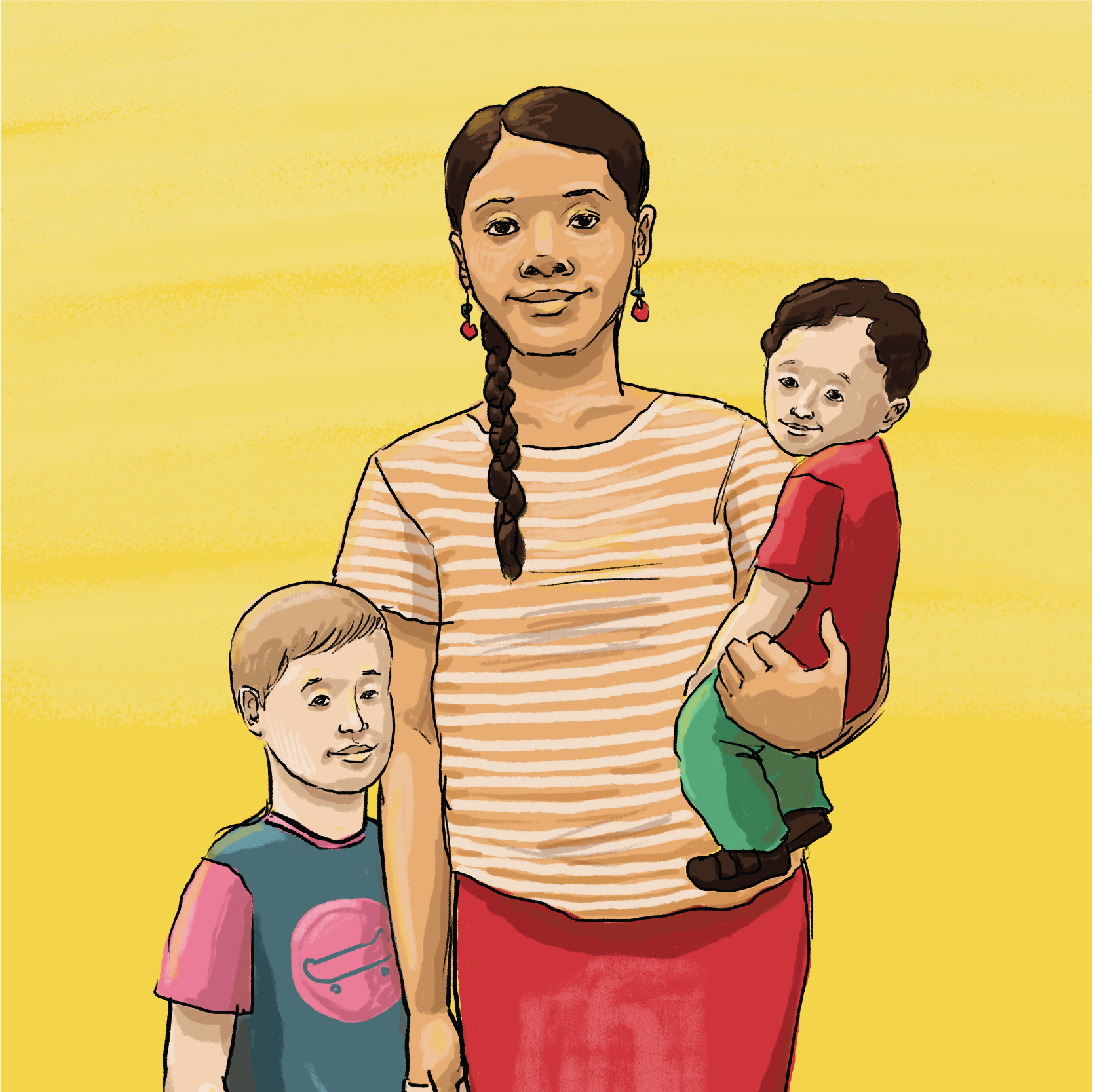 Watercolor portrait of a nanny and two children for CDWC by Robert Liu-Trujillo.