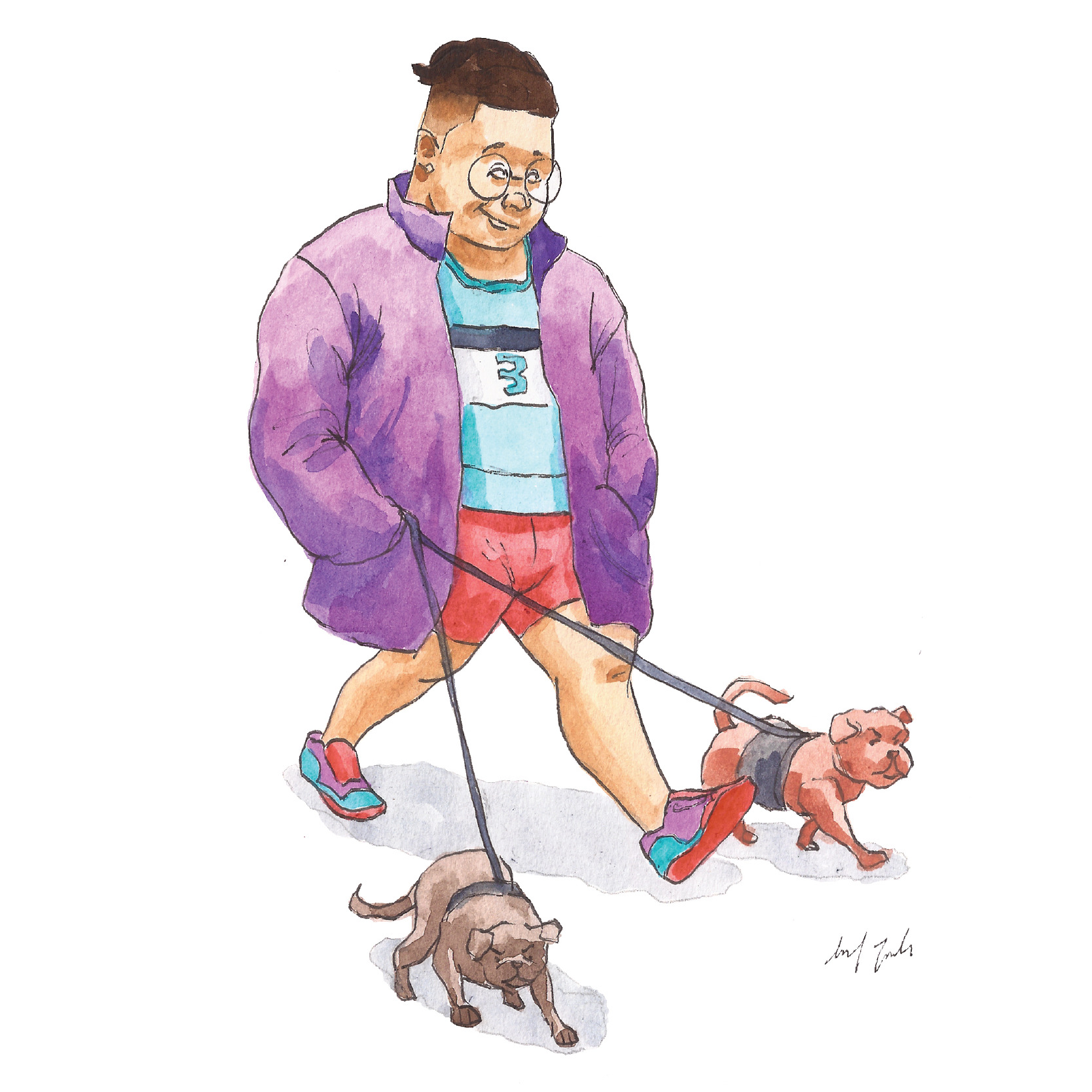 Watercolor portrait of a colorful neighbor walking dogs by Robert Liu-Trujillo.