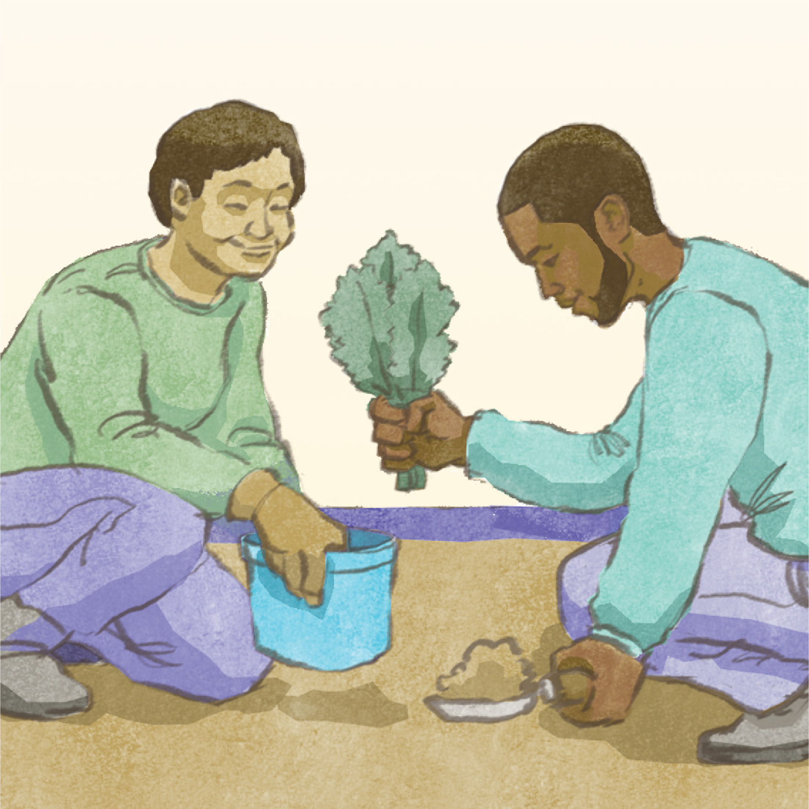 watercolor portrait of two people kneeling and planting a leafy seedling for Sierra Health by Robert Liu-Trujillo.