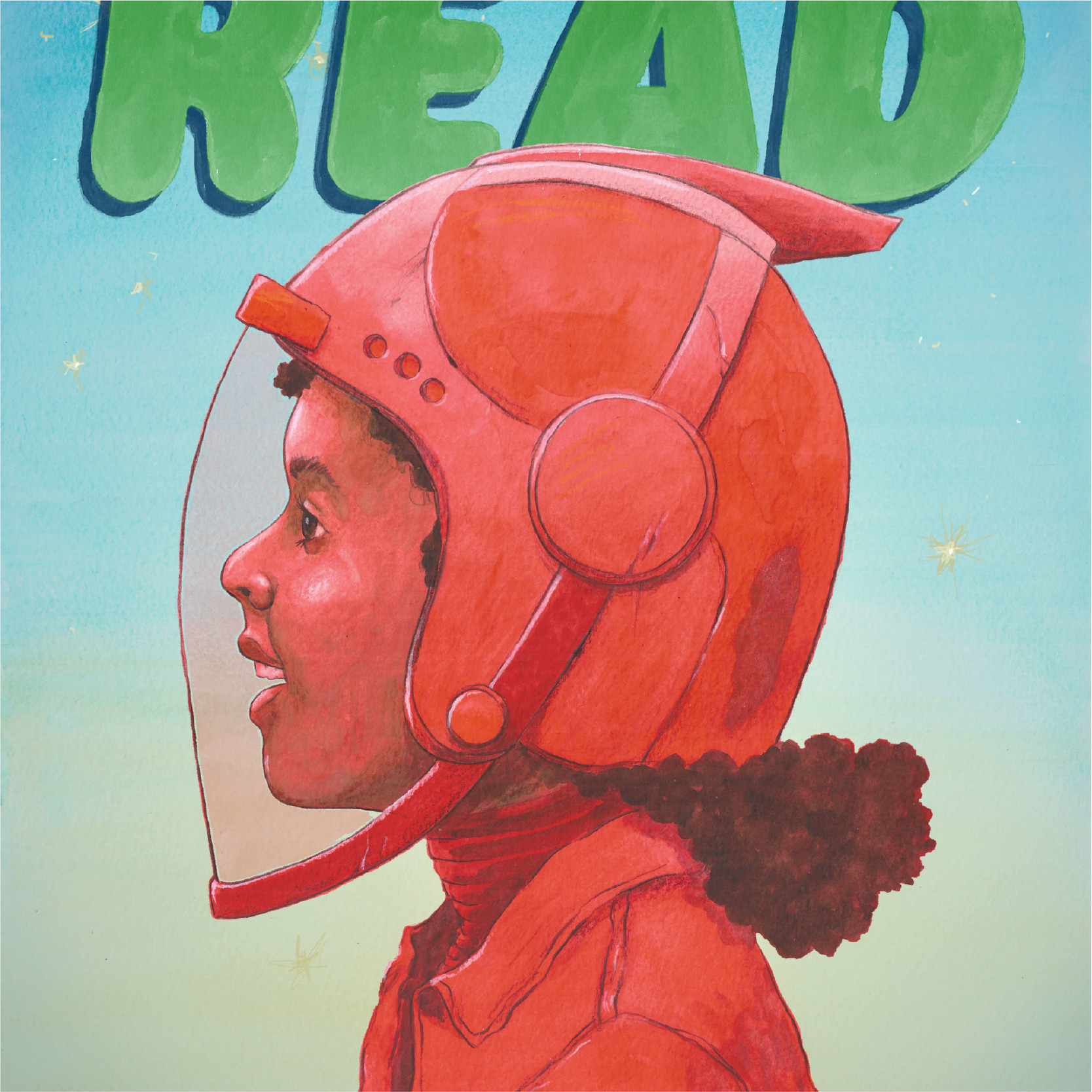 Watercolor portrait of a kid wearing a space helmet, painted red, with the word "Read" above; by Robert Liu-Trujillo.